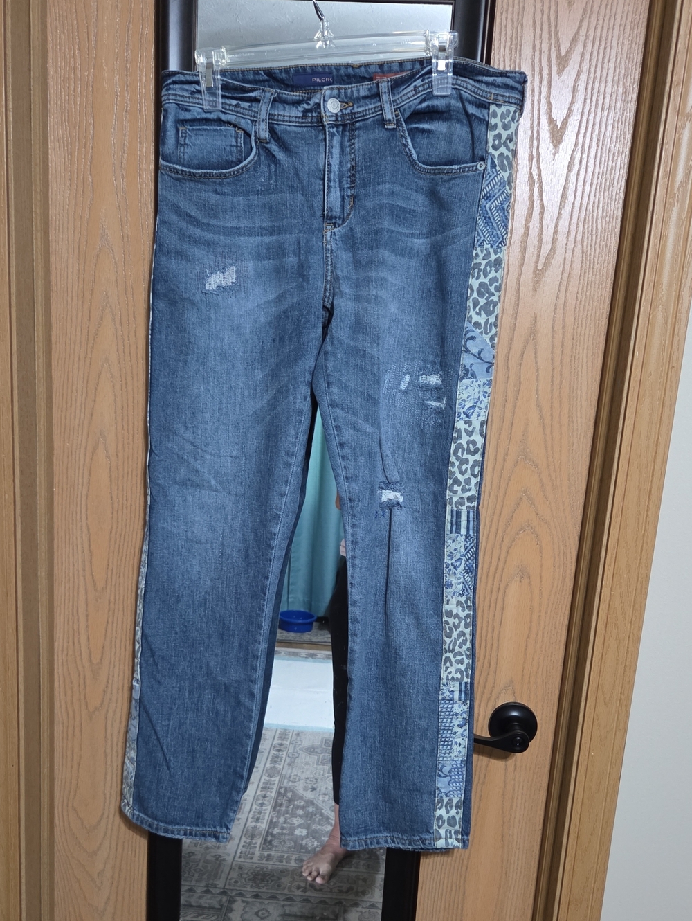 Pilcro Blue Straight-Leg Jeans with Patterned Side Panel